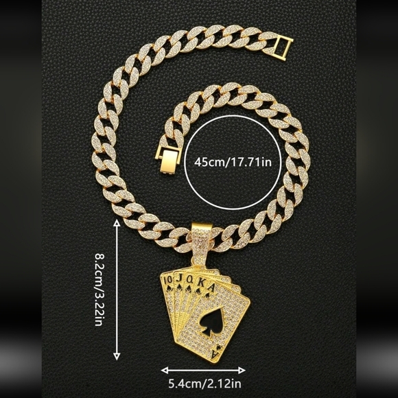 Hip Hop Iced Out Fully Rhinestone Gold Card Pendant & Cuban Chain Necklace 18" - Picture 4 of 13